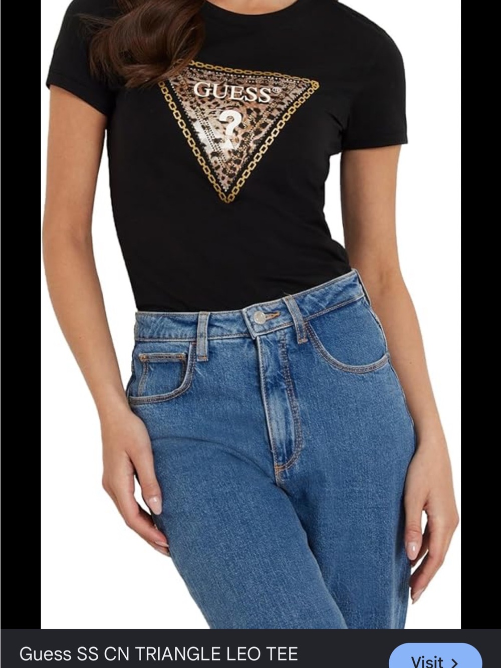 Guess Black Tee with Leopard Triangle Logo and Stud Accents